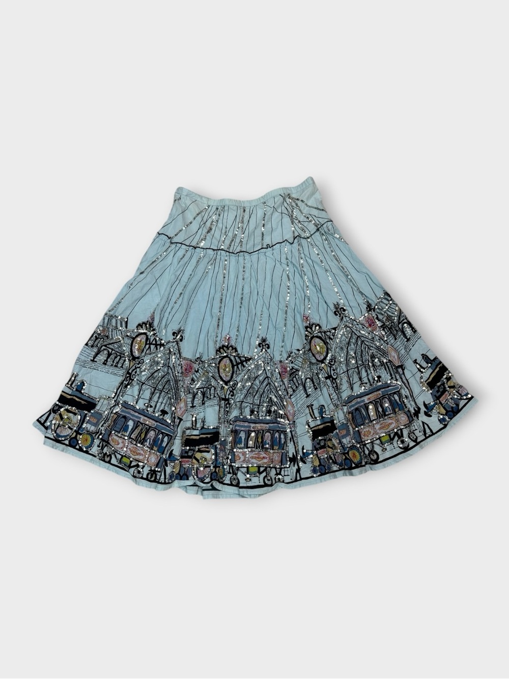 Papillon Sky Blue Circle Skirt with Illustrated City Border